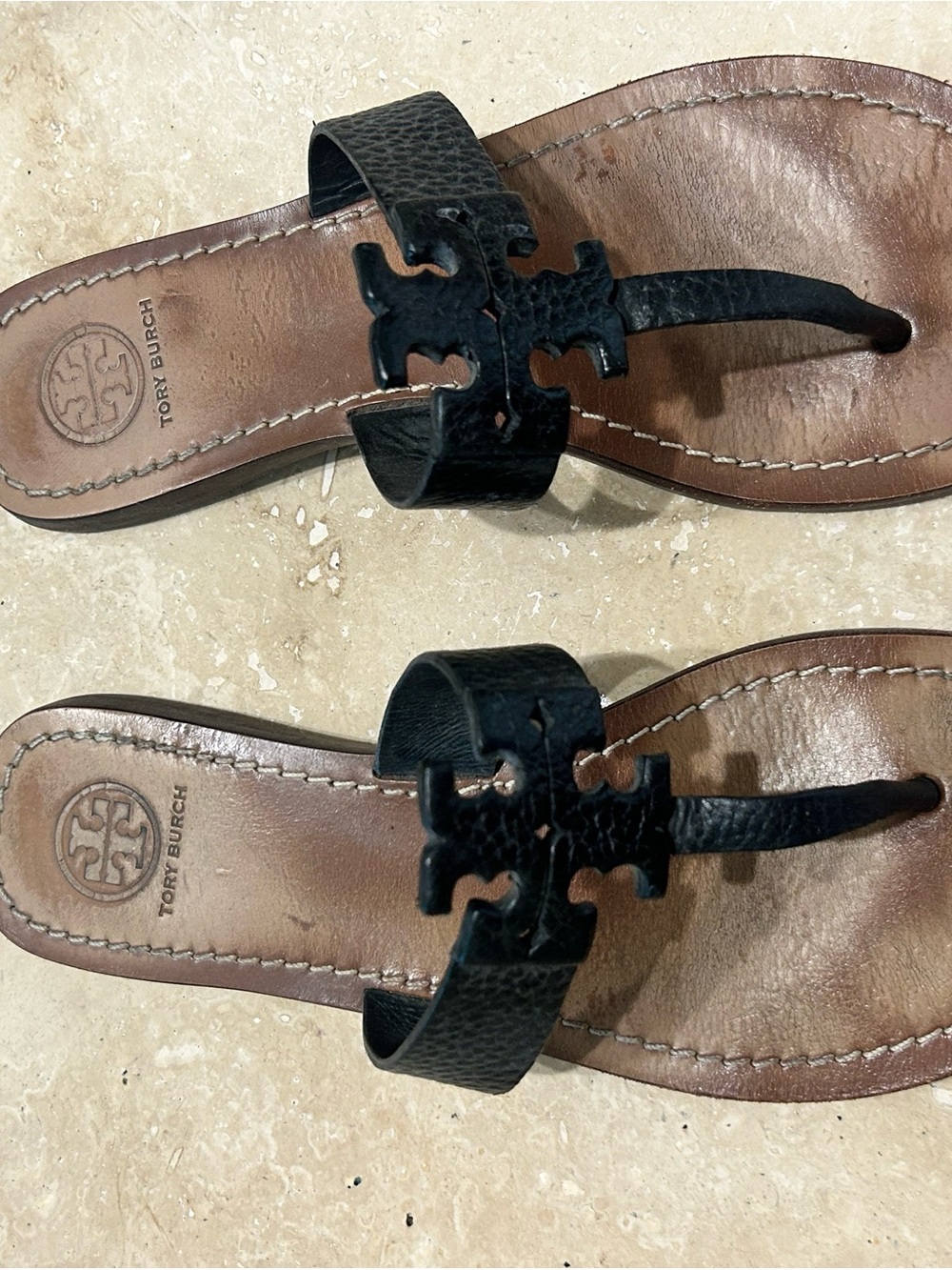 Tory Burch Black Leather Logo Thong Sandals